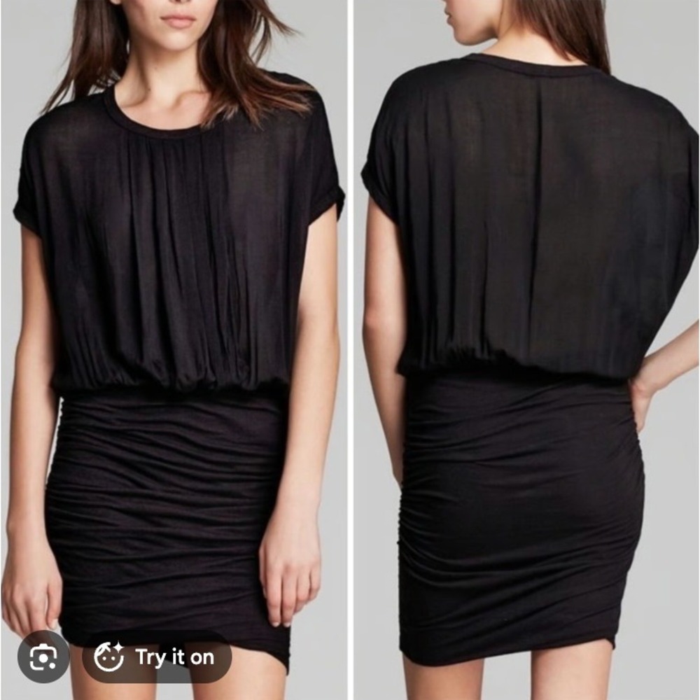James Perse Dress Women S Black Quiet Luxury Ruched Pleated Jersey Mini Bodycon